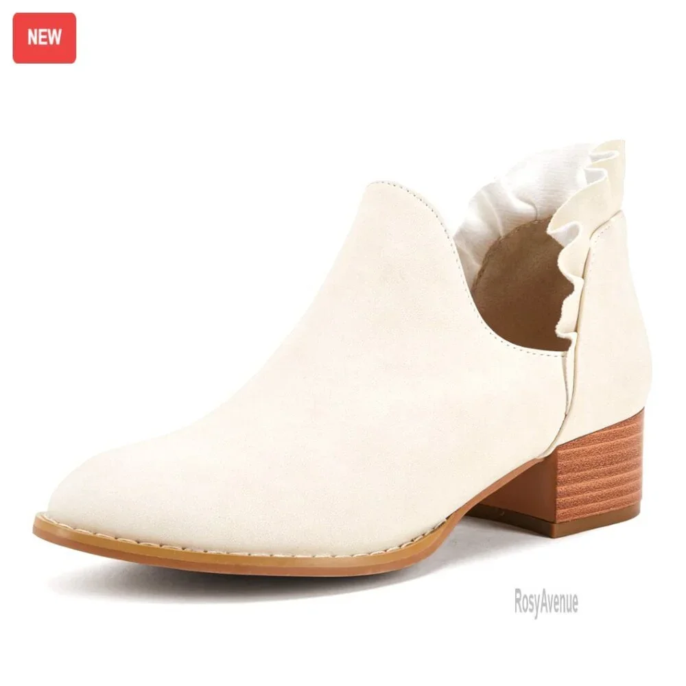 Ruffled V-Cut Ankle Boots Pointed Toe Chunky Low Heel Western Booties